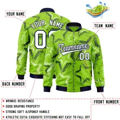 Neon Green Star Pattern Varsity Letterman Bomber Jacket 2