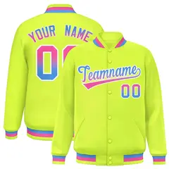 Neon Green Varsity Full-Snap Gradient Font Letterman Baseball Jacket