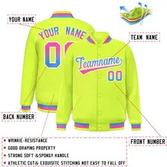 Neon Green Varsity Full-Snap Gradient Font Letterman Baseball Jacket 2