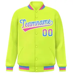 Neon Green Varsity Full-Snap Gradient Font Letterman Baseball Jacket 3