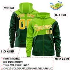 Neon Green Wave Color Block Varsity Full-Zip Letterman Hoodie 4