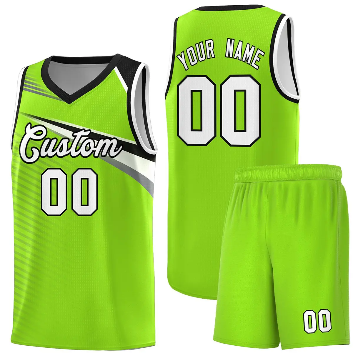 Neon Green White-Black Chest Color Block Basketball Jersey
