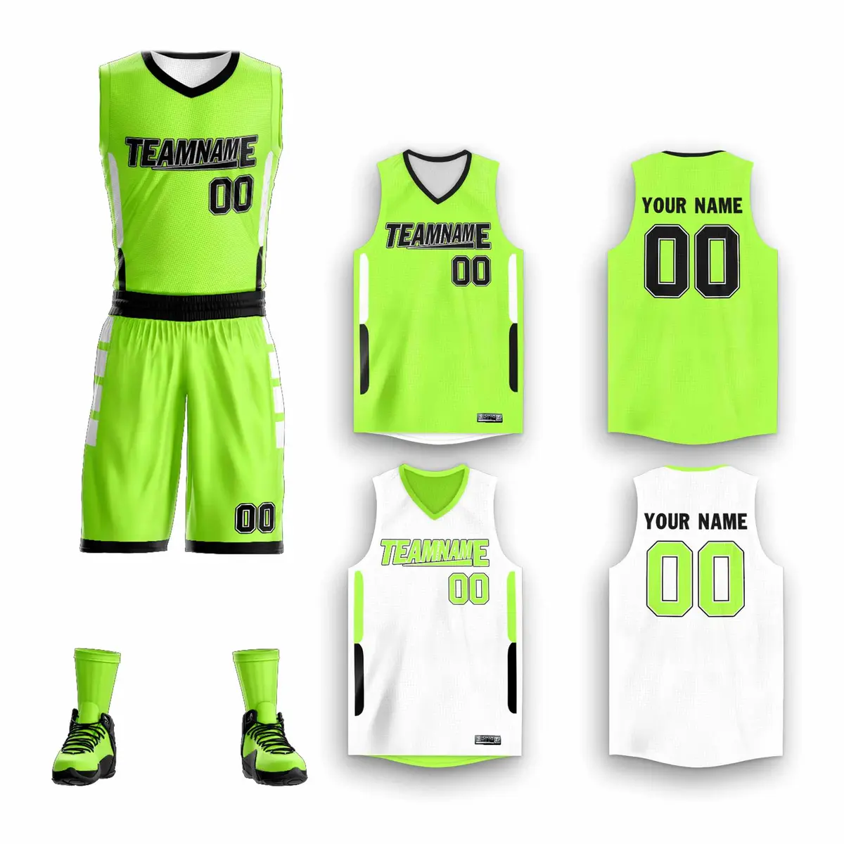 Neon Green White Double Side Basketball Jersey