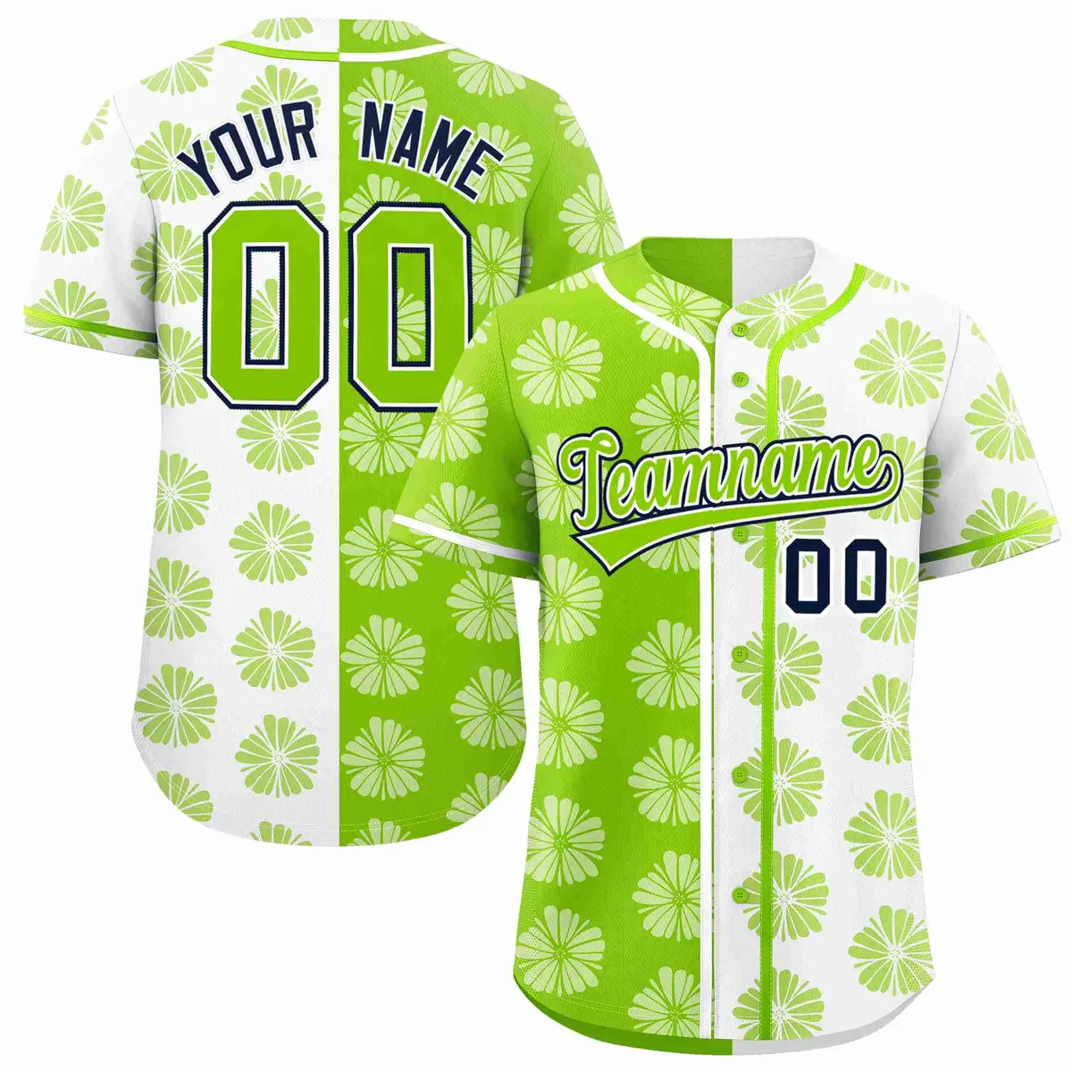 Neon Green White Flower Graffiti Split Baseball Jersey