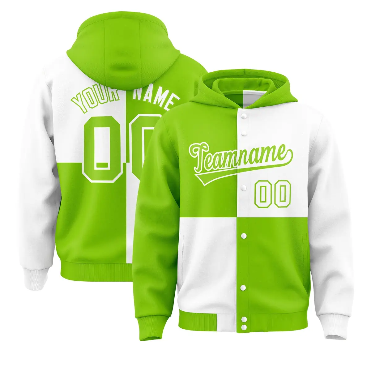 Neon Green White Four Squares Color Block Varsity Letterman Jacket Hoodie