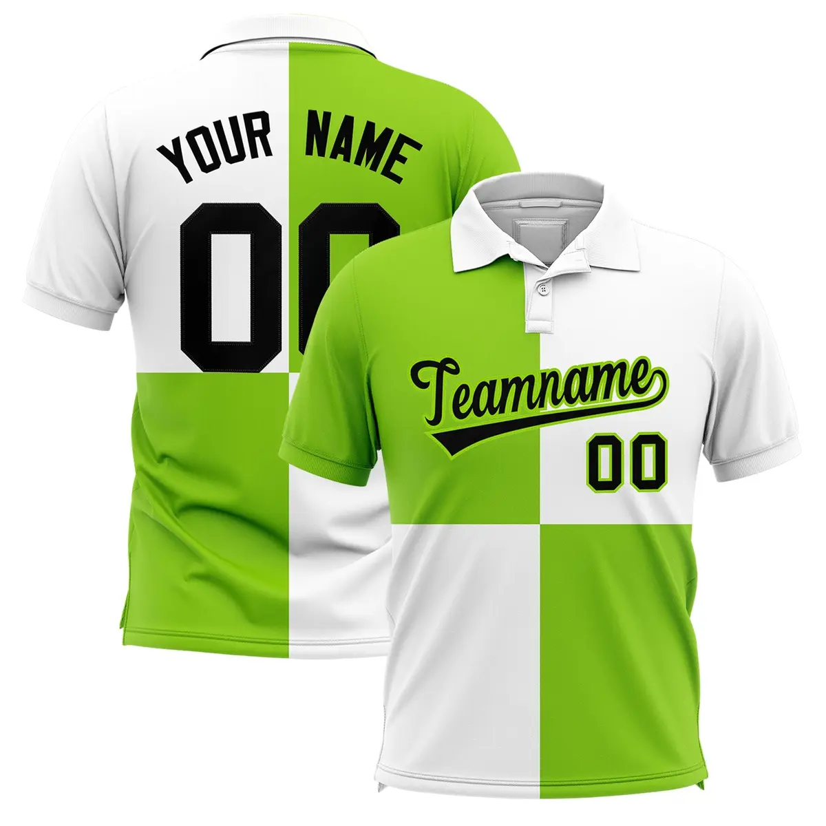 Neon Green White Four Squares Performance Polo Shirt