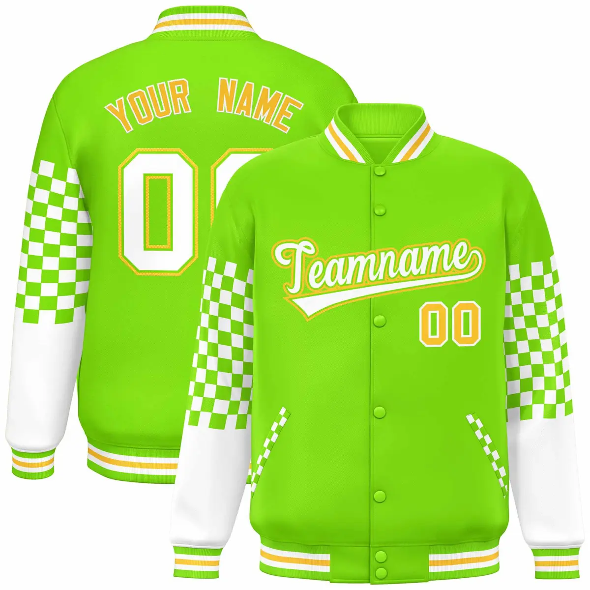 Neon Green White-Gold Checkered Color Block Bomber Varsity Jacket