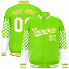 Neon Green White-Gold Checkered Color Block Bomber Varsity Jacket
