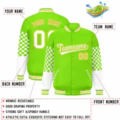 Neon Green White-Gold Checkered Color Block Bomber Varsity Jacket 2