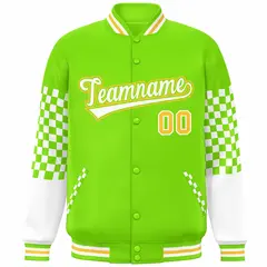 Neon Green White-Gold Checkered Color Block Bomber Varsity Jacket 3