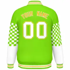 Neon Green White-Gold Checkered Color Block Bomber Varsity Jacket 4