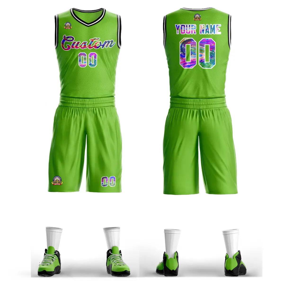 Neon Green White Graffiti Pattern Mesh Basketball Jersey Sets