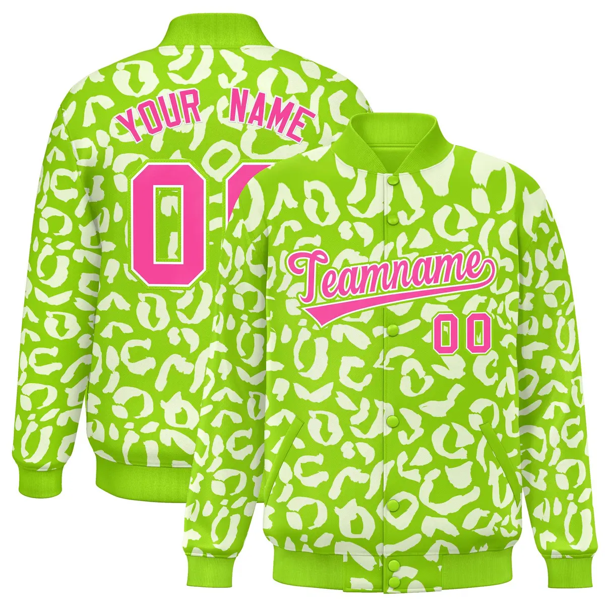 Neon Green White Leopard Graffiti Full-Snap Letterman Baseball Jacket