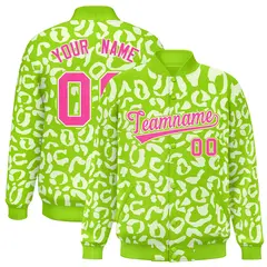 Neon Green White Leopard Graffiti Full-Snap Letterman Baseball Jacket