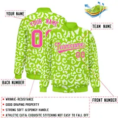 Neon Green White Leopard Graffiti Full-Snap Letterman Baseball Jacket 2