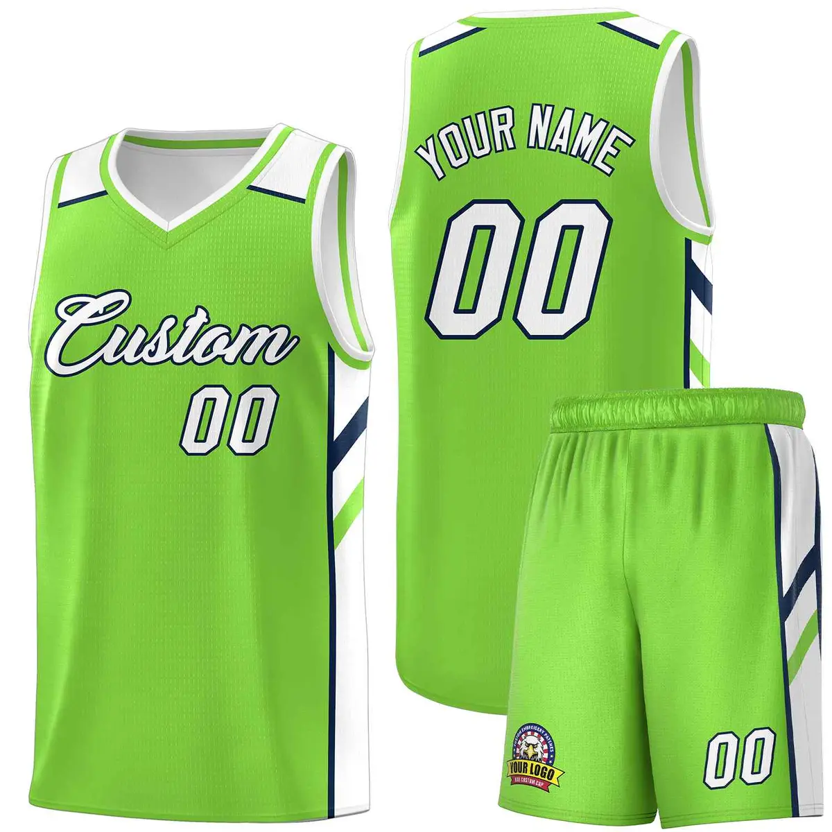 Neon Green White-Navy Classic Basketball Jersey Set