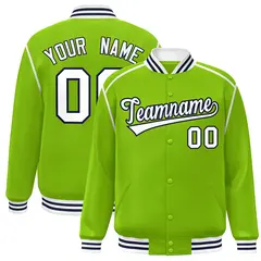 Neon Green White-Navy Color Block Ribbon Varsity Full-Snap Bomber Jacket