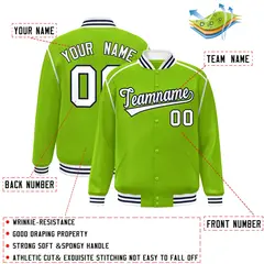 Neon Green White-Navy Color Block Ribbon Varsity Full-Snap Bomber Jacket 2
