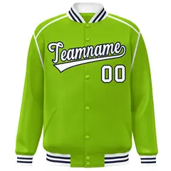 Neon Green White-Navy Color Block Ribbon Varsity Full-Snap Bomber Jacket 3