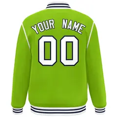Neon Green White-Navy Color Block Ribbon Varsity Full-Snap Bomber Jacket 4