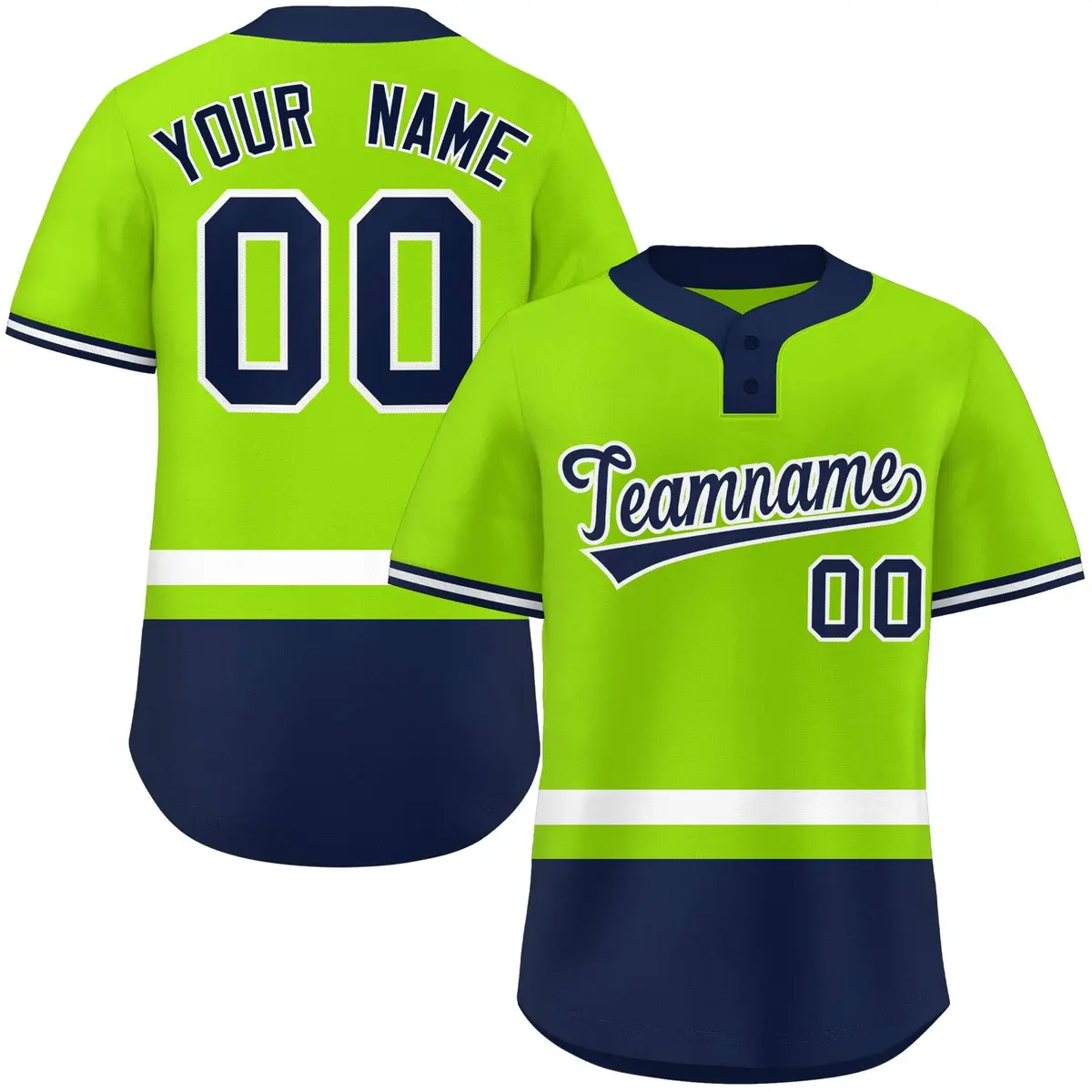 Neon Green White-Navy Color Block Two-Button Softball Jersey