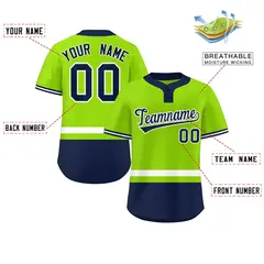 Neon Green White-Navy Color Block Two-Button Softball Jersey 2