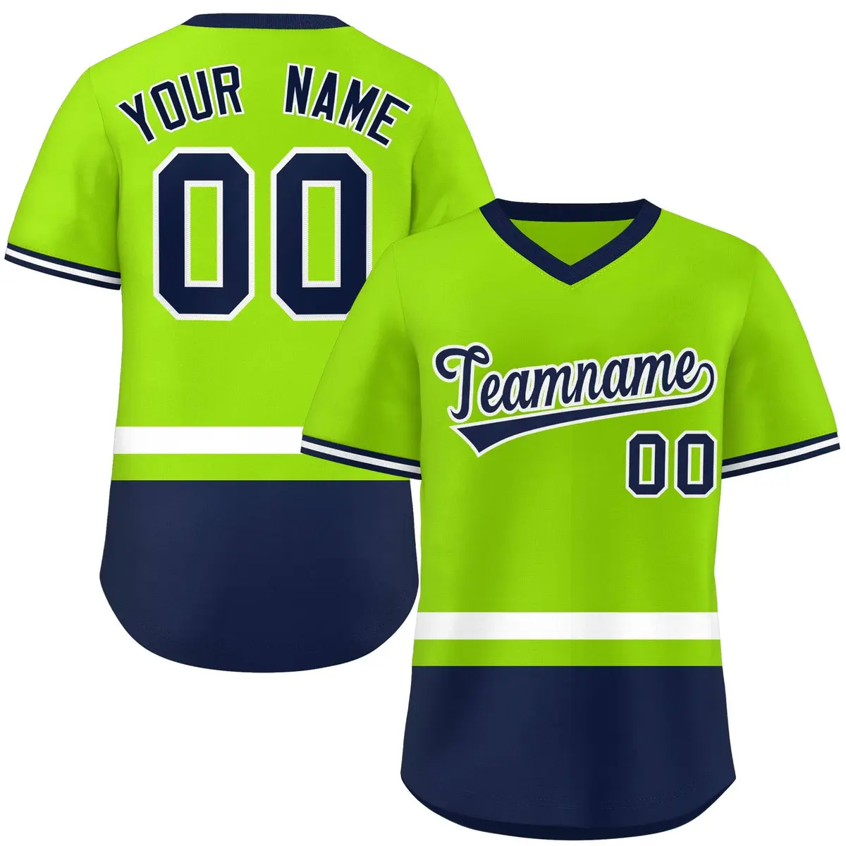 Neon Green White-Navy Color Block V-Neck Baseball Jersey