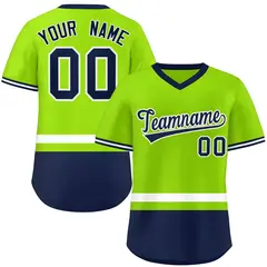 Neon Green White-Navy Color Block V-Neck Baseball Jersey 1