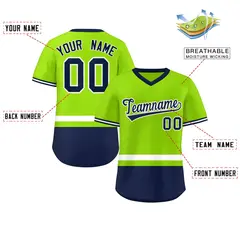Neon Green White-Navy Color Block V-Neck Baseball Jersey 2