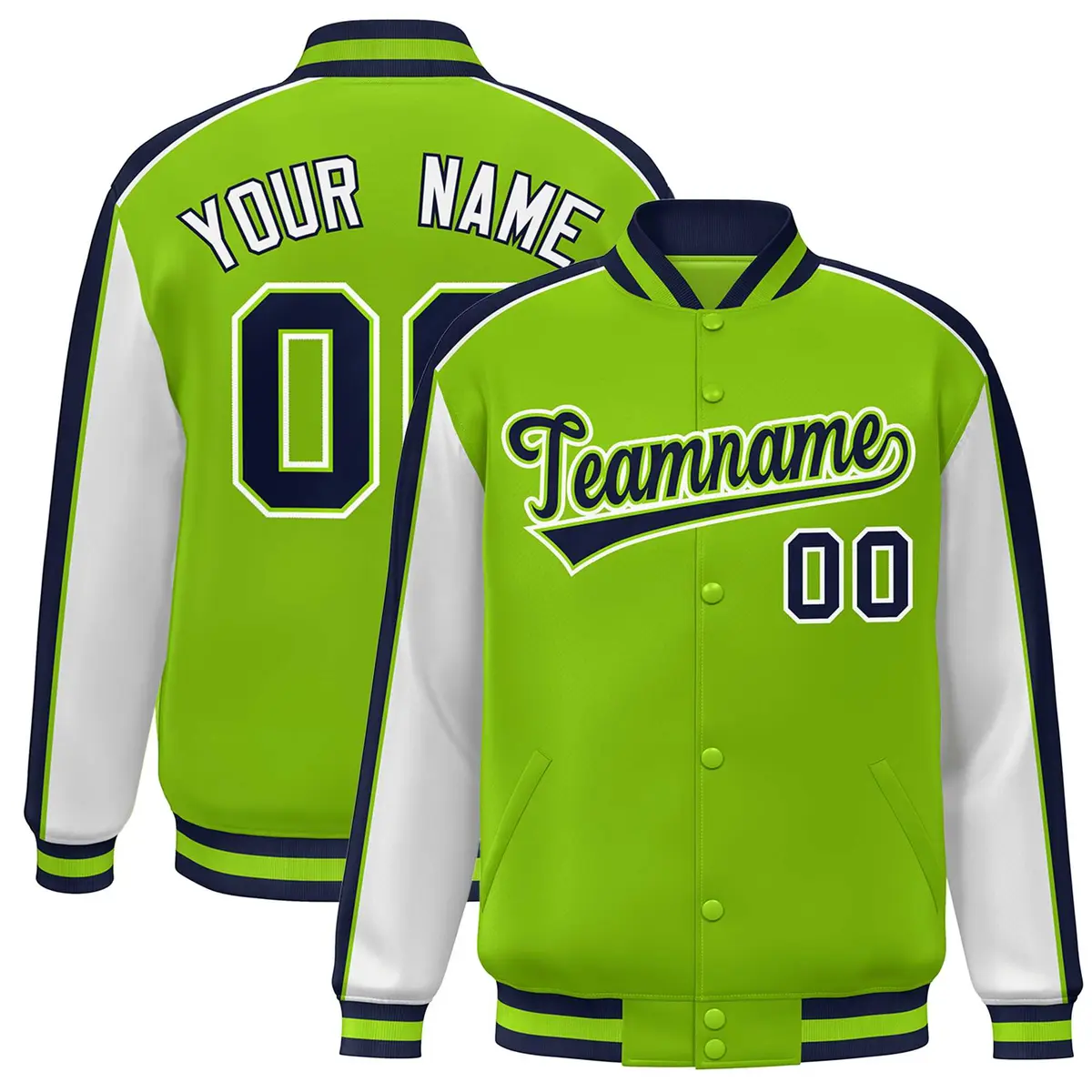 Neon Green White-Navy Color Block Varsity Bomber Baseball Jacket