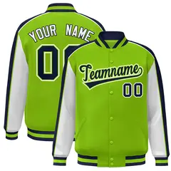 Neon Green White-Navy Color Block Varsity Bomber Baseball Jacket