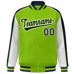 Neon Green White-Navy Color Block Varsity Bomber Baseball Jacket 3