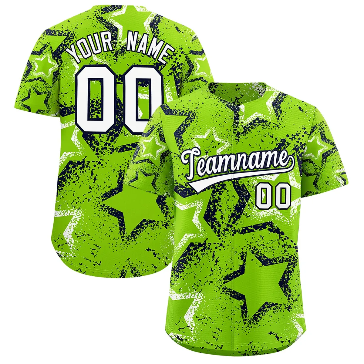 Neon Green White Navy Graffiti Star Ink Baseball Jersey