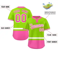 Neon Green White-Pink Color Block Two-Button Softball Jersey 2