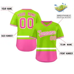 Neon Green White-Pink Color Block V-Neck Baseball Jersey 2