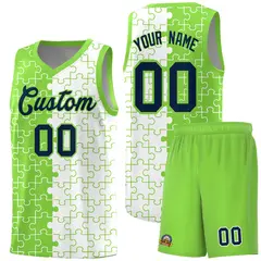 Neon Green White Puzzle Pattern Splid Basketball Kits 1