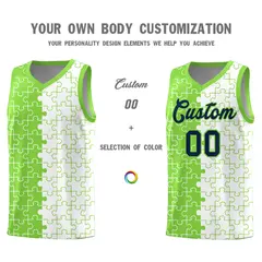 Neon Green White Puzzle Pattern Splid Basketball Kits 3