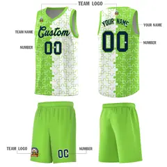 Neon Green White Puzzle Pattern Splid Basketball Kits 5