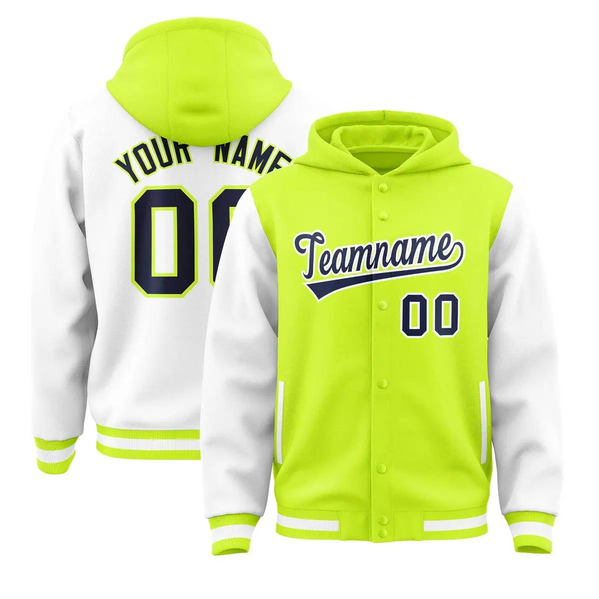 Neon Green White Raglan Two Tone Varsity Letterman Hoodie