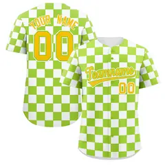 Neon Green White Square Grid Color Block Baseball Jersey 1