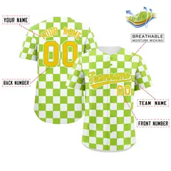 Neon Green White Square Grid Color Block Baseball Jersey 2
