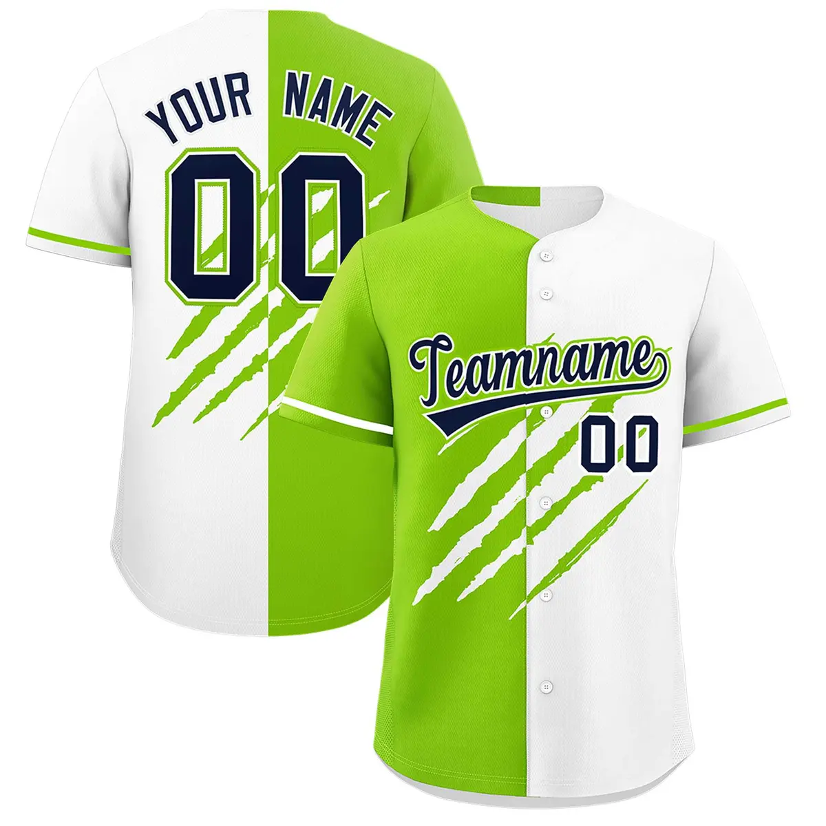 Neon Green White Tiger Claw Scratch Split Baseball Jersey