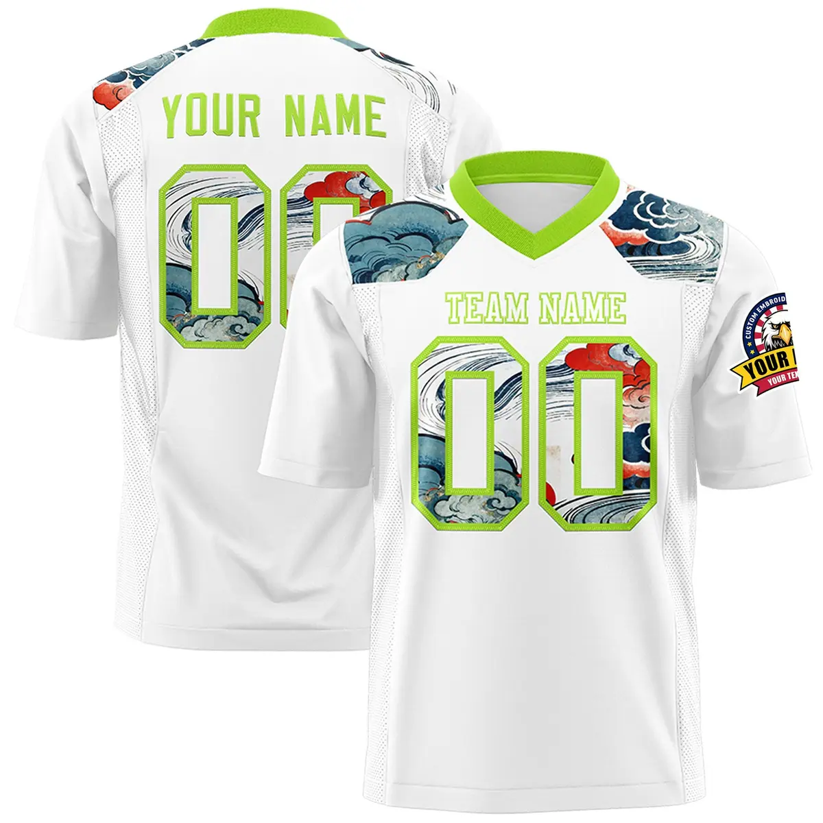 Neon Green White Ukiyo-e Auspicious Clouds Graffiti Football Jersey