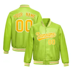 Neon Green Yellow Full-Snap Varsity Faux Leather Letterman Jacket