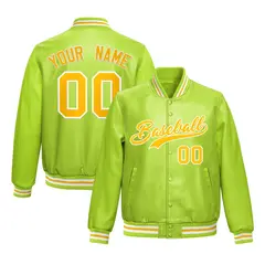 Neon Green Yellow Full-Snap Varsity Faux Leather Letterman Jacket 1