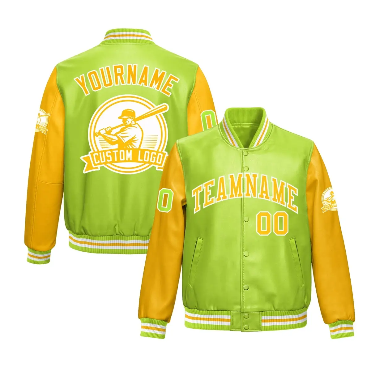Neon Green Yellow Raglan Full-Snap Faux Leather Letterman Jacket