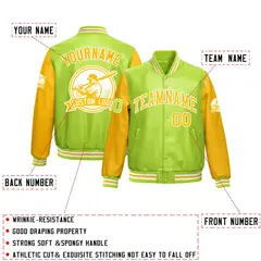 Neon Green Yellow Raglan Full-Snap Faux Leather Letterman Jacket 2