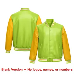 Neon Green Yellow Raglan Full-Snap Faux Leather Letterman Jacket 6