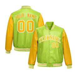 Neon Green Yellow Raglan Full-Snap Varsity Faux Leather Letterman Jacket