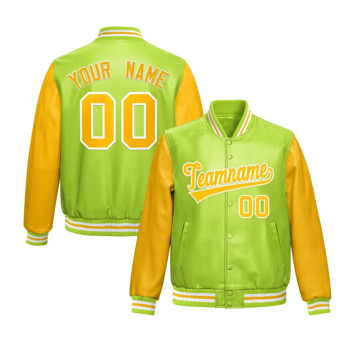 Neon Green Yellow Raglan Full-Snap Varsity Faux Leather Letterman Jacket